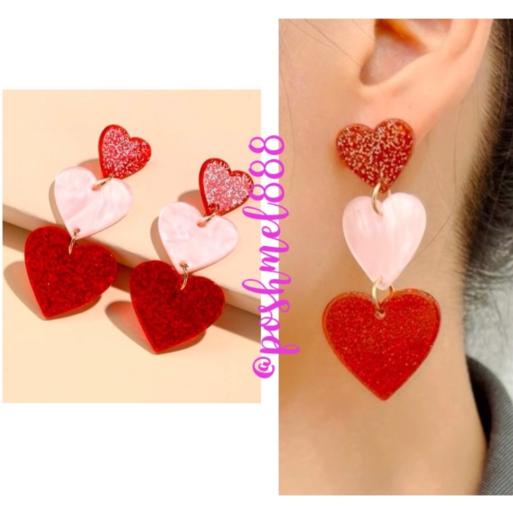 Love, Dahling, Laahve ♥️💖♥️Red & Pink SPARKLE HeartS Drop Earrings - Picture 10 of 10